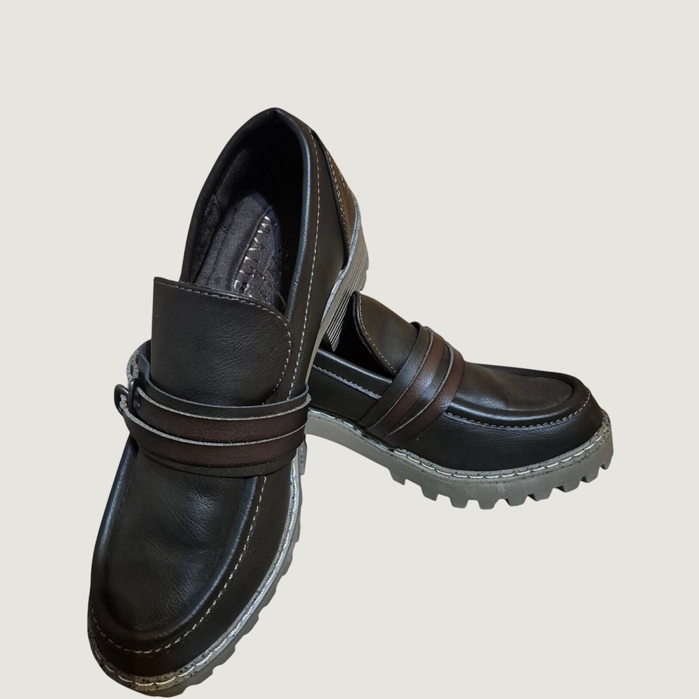 Blowfish Malibu Loafers 7.5 Chunky Lug Sole Vegan Leather Buckle Brown